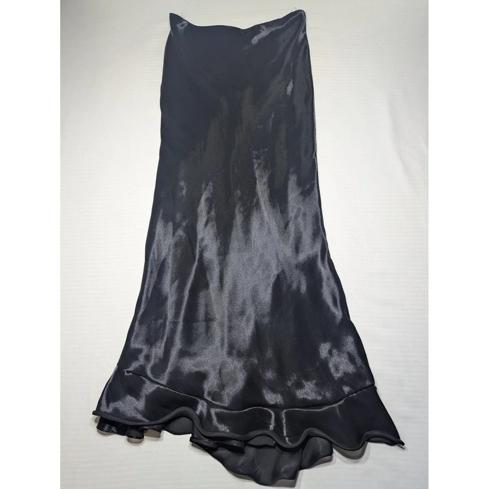 Vintage Ralph Lauren Black Liquid Satin MidiSkirt Asymmetric Ruffle 90s Runway 6